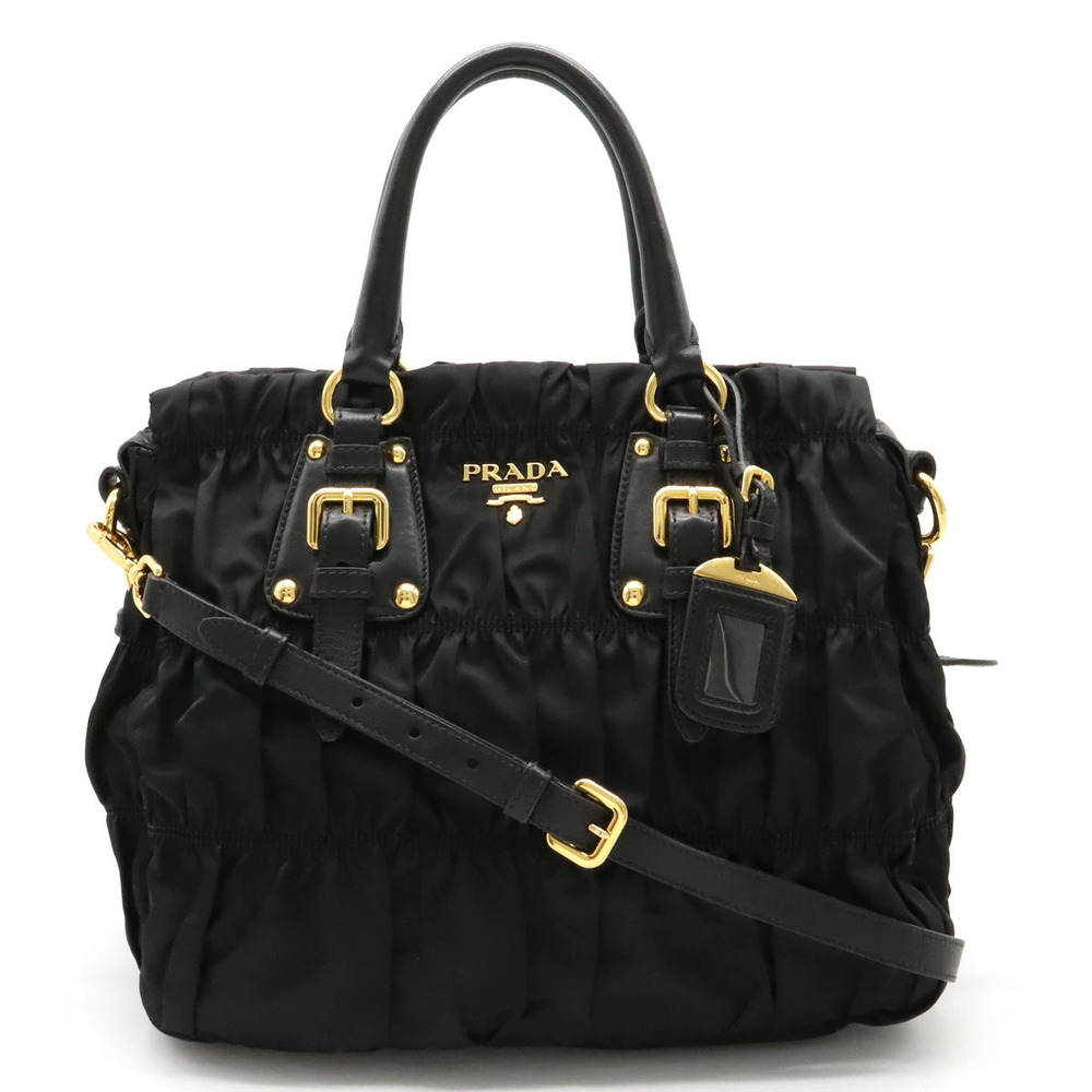 Prada Gathered Tote Bag Crossbody Leather NERO Black